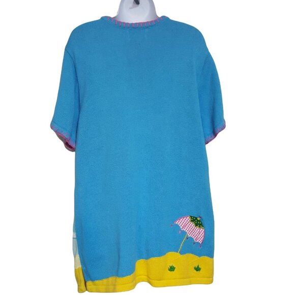 Quacker Factory Sweater Women's L Short-sleeve Pullover Appliqued Beach Blue - Picture 3 of 9
